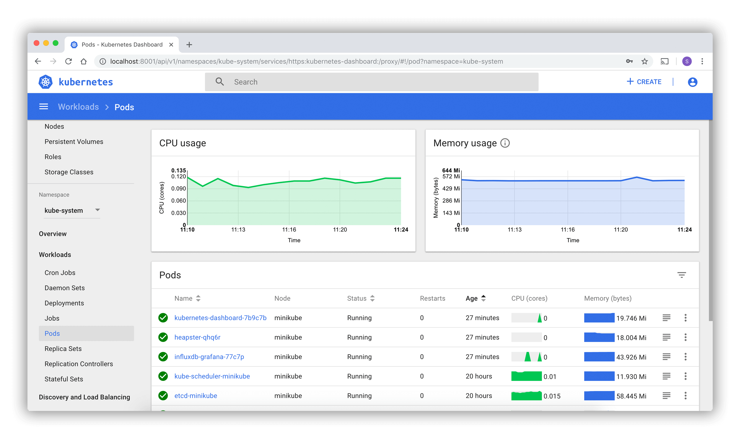 Screenshot from the Kubernetes dashboard application